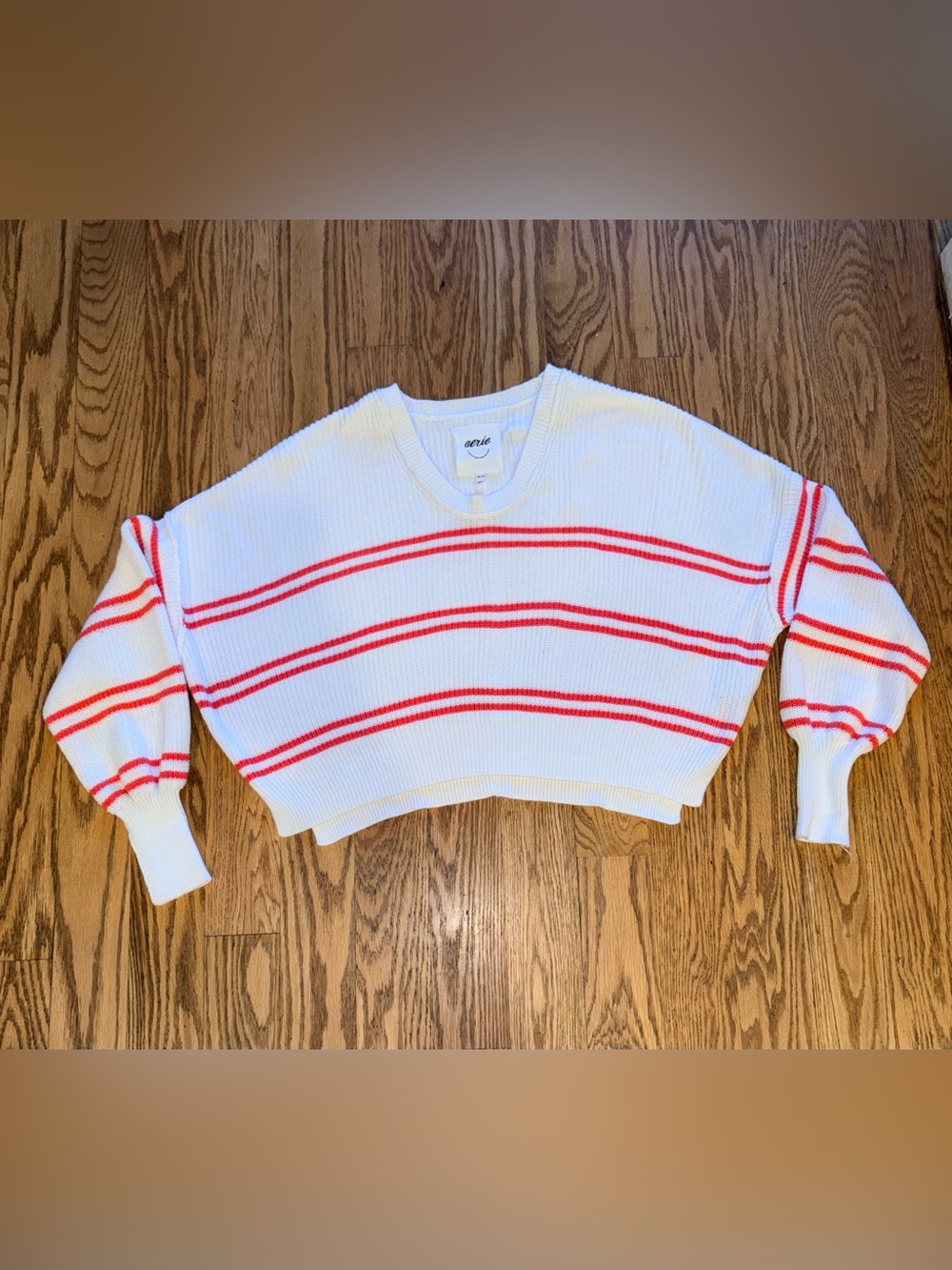 Aerie White & Coral Striped Oversized V-Neck Sweater - Size XS